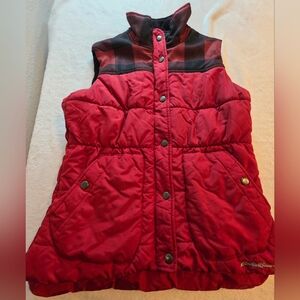Women’s Red Quilted Puffer Vest with Plaid Yoke